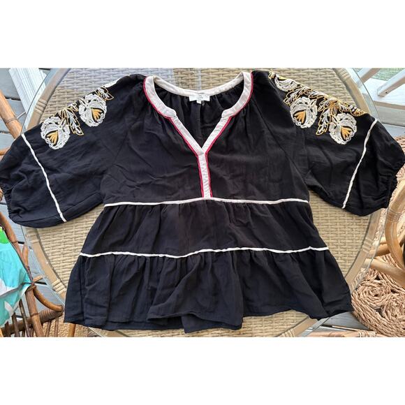 Entro Babydoll Blouse Black Embroidered Boho Butterfly Top Size L Large - Picture 2 of 7